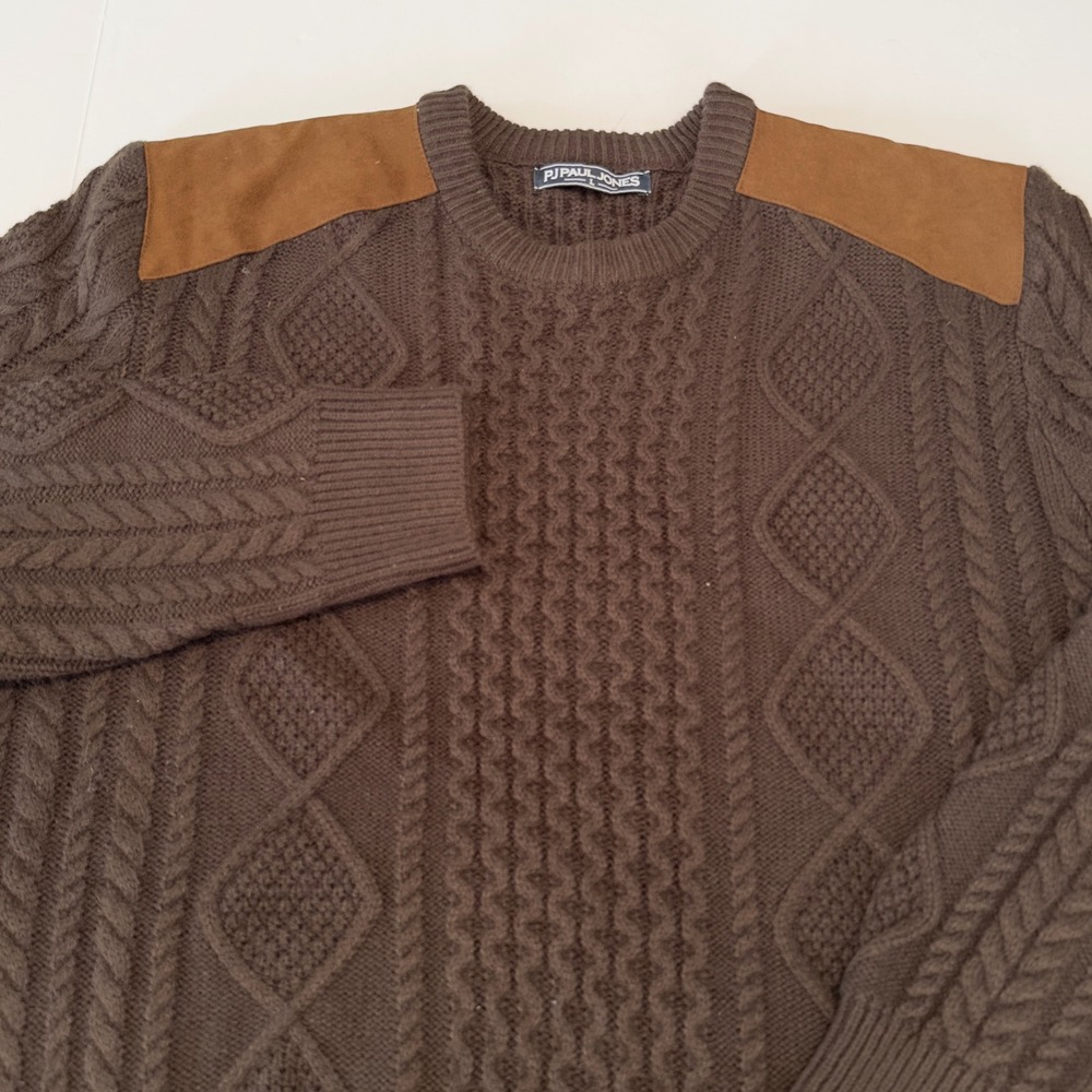 PJ Paul Jones Mens Brown‎ Cable Knit Sweater Suede Shoulder Patches Size L